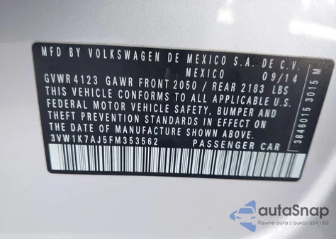 2015 Volkswagen Jetta 2.0L S z USA, uszkodzony, nr VIN 3VW1K7AJ5FM353562
